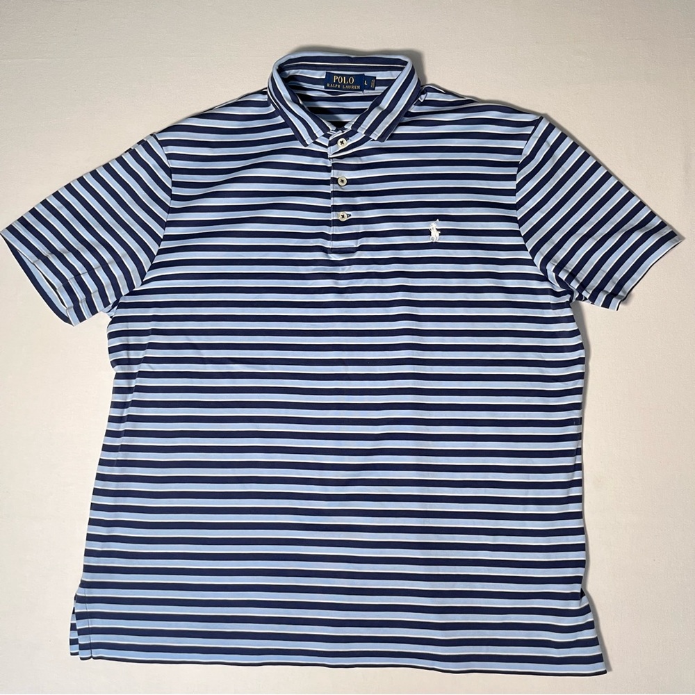 Polo Ralph Lauren Navy & Blue Cotton Short Sleeve White Pony Logo Shirt Size L
